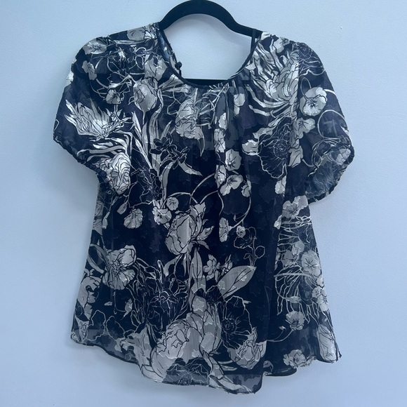 NWT Marchesa Notte sz 14 short sleeve navy & white floral chiffon top w/camisole - Picture 4 of 6